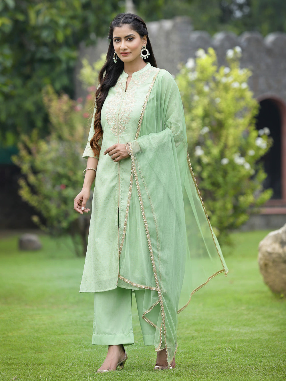 Juniper Mint Green Chanderi Festive Embroidered Polka Dot Printed A-line Kurta Set | Swadesiicart