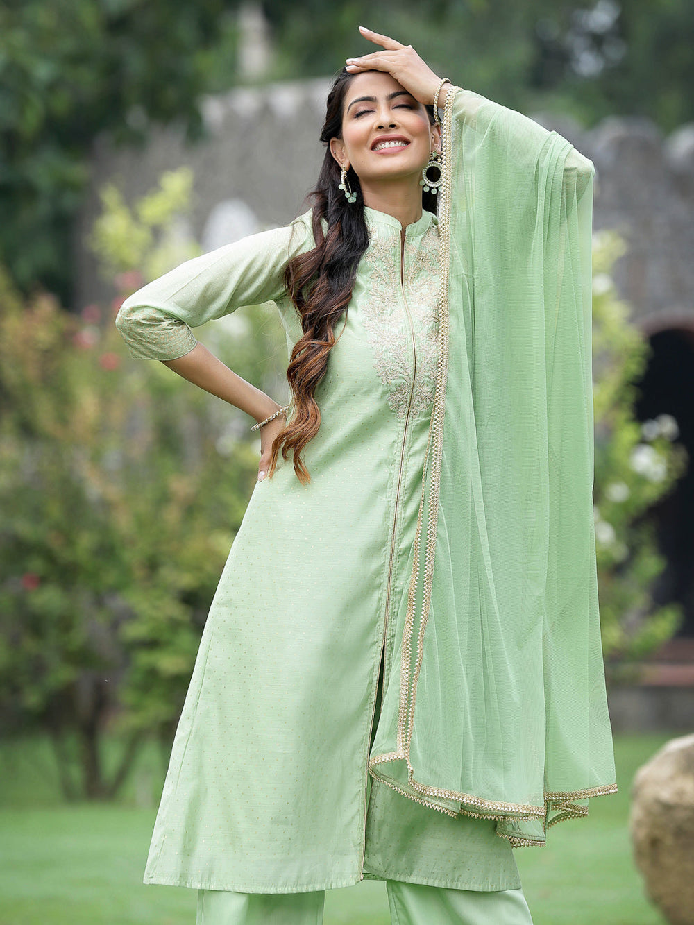 Juniper Mint Green Chanderi Festive Embroidered Polka Dot Printed A-line Kurta Set | Swadesiicart