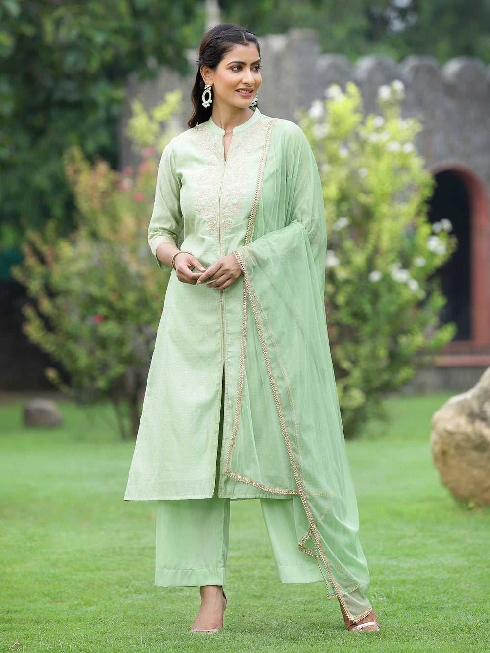 Juniper Mint Green Chanderi Festive Embroidered Polka Dot Printed A-line Kurta Set | Swadesiicart