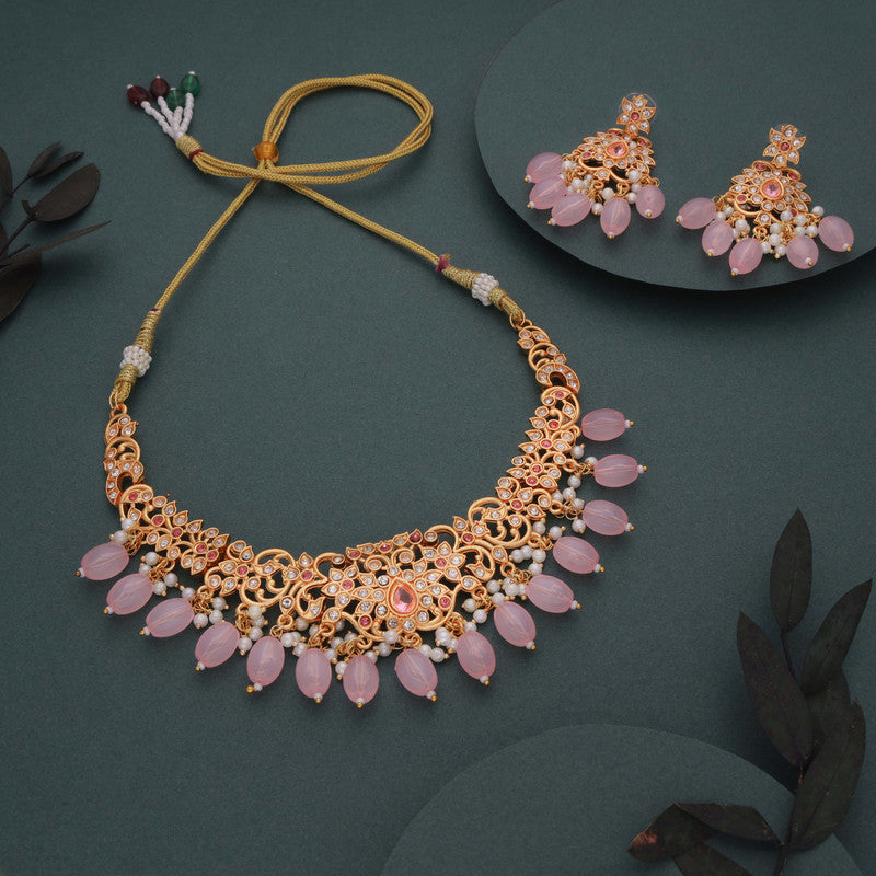 Tehzeeb Creations Gold-Polished Baby Pink Colour Necklace With Stud - Swadesiicart