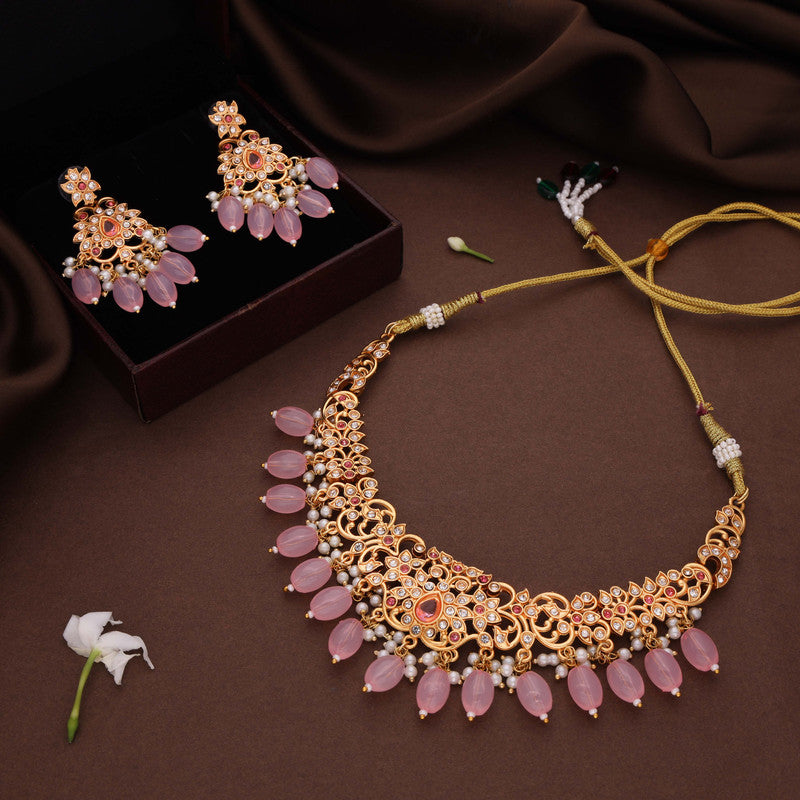 Tehzeeb Creations Gold-Polished Baby Pink Colour Necklace With Stud - Swadesiicart