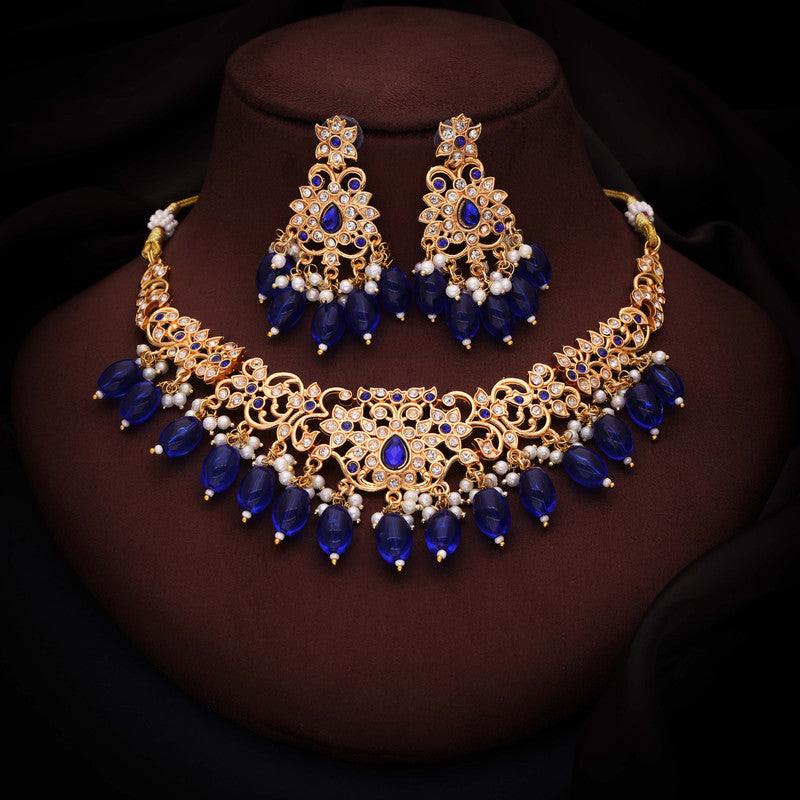 Tehzeeb Creations Gold-Polished Blue Colour Necklace With Stud - Swadesiicart