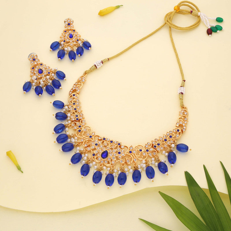 Tehzeeb Creations Gold-Polished Blue Colour Necklace With Stud - Swadesiicart