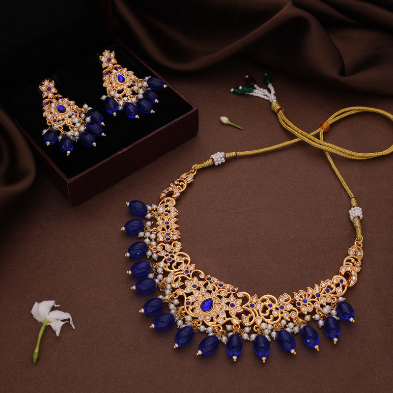 Tehzeeb Creations Gold-Polished Blue Colour Necklace With Stud - Swadesiicart