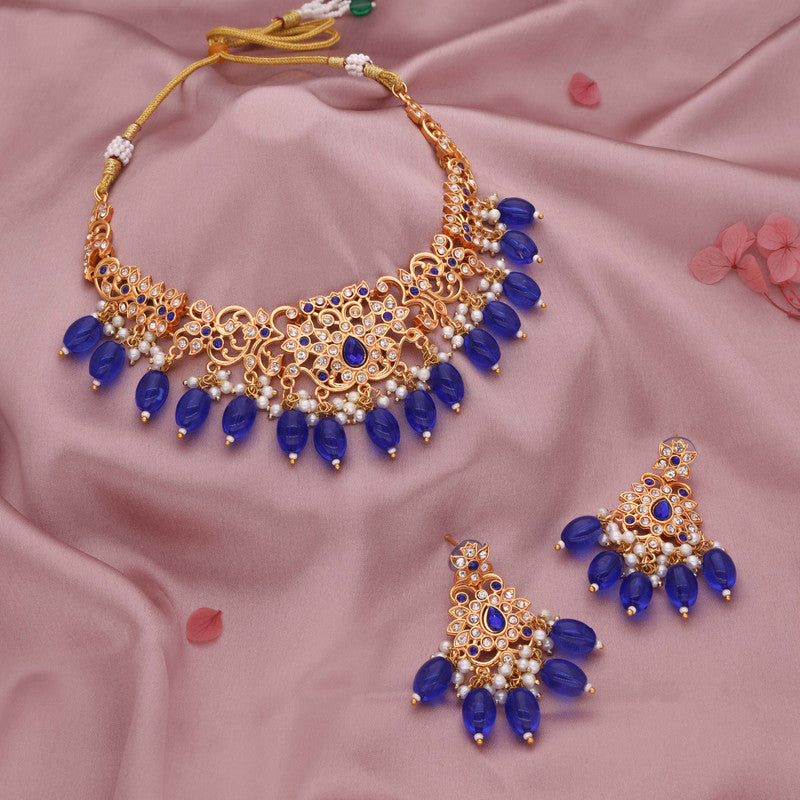 Tehzeeb Creations Gold-Polished Blue Colour Necklace With Stud - Swadesiicart