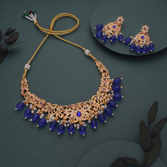 Tehzeeb Creations Gold-Polished Blue Colour Necklace With Stud - Swadesiicart