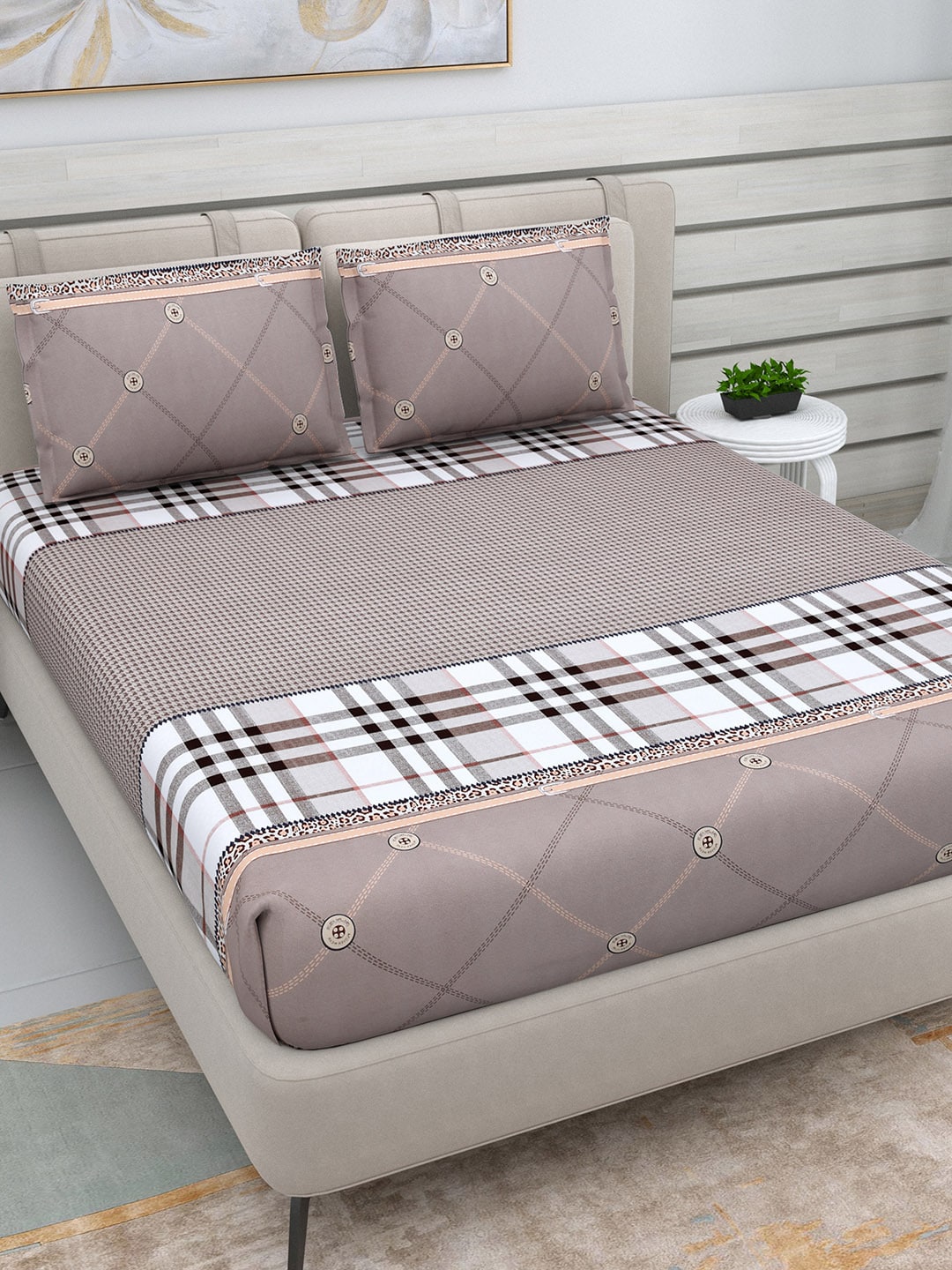 DREAM WEAVERZ Beige Checked 220 TC Glazed Cotton Bedsheet with Pillow Covers - Swadesiicart
