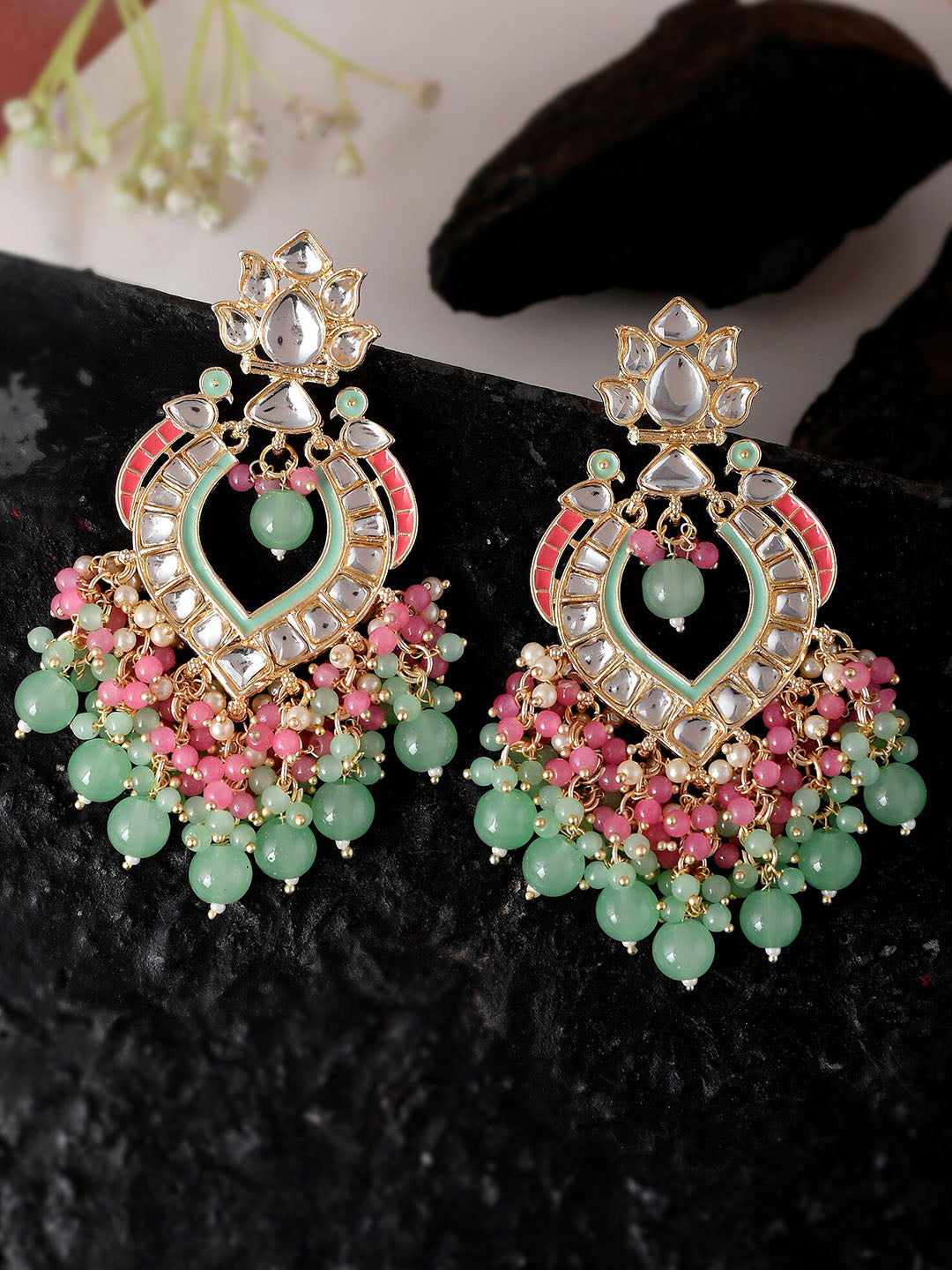 Shoshaa Gold-Polished Green & Pink Enamel Kundan-Studded Drop Earrings | Swadesiicart