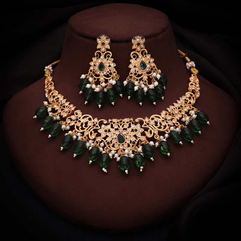 Tehzeeb Creations Gold-Polished Green Colour Necklace With Stud - Swadesiicart
