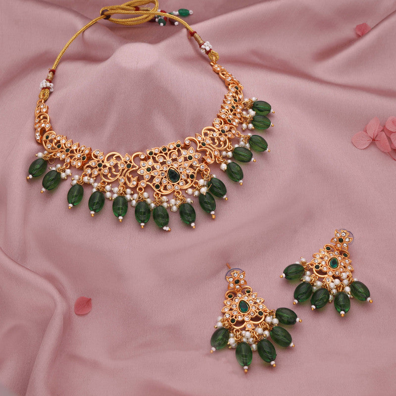 Tehzeeb Creations Gold-Polished Green Colour Necklace With Stud - Swadesiicart