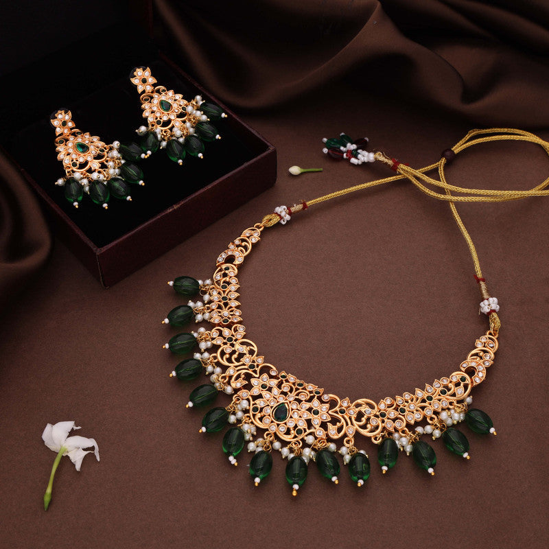 Tehzeeb Creations Gold-Polished Green Colour Necklace With Stud - Swadesiicart