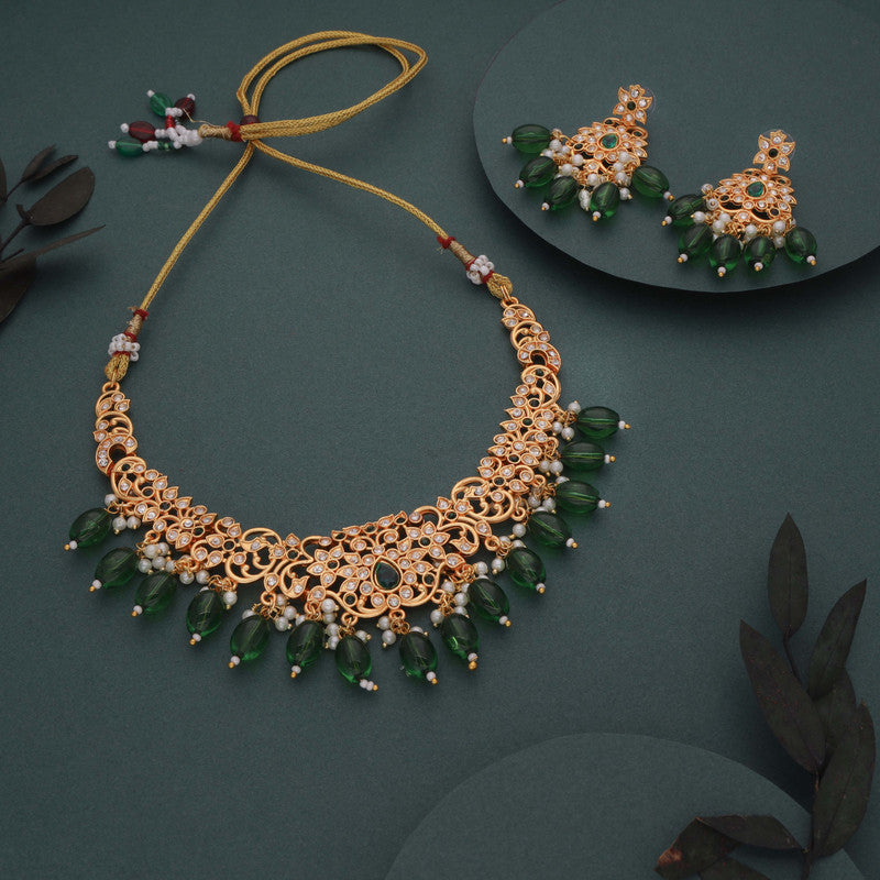 Tehzeeb Creations Gold-Polished Green Colour Necklace With Stud - Swadesiicart