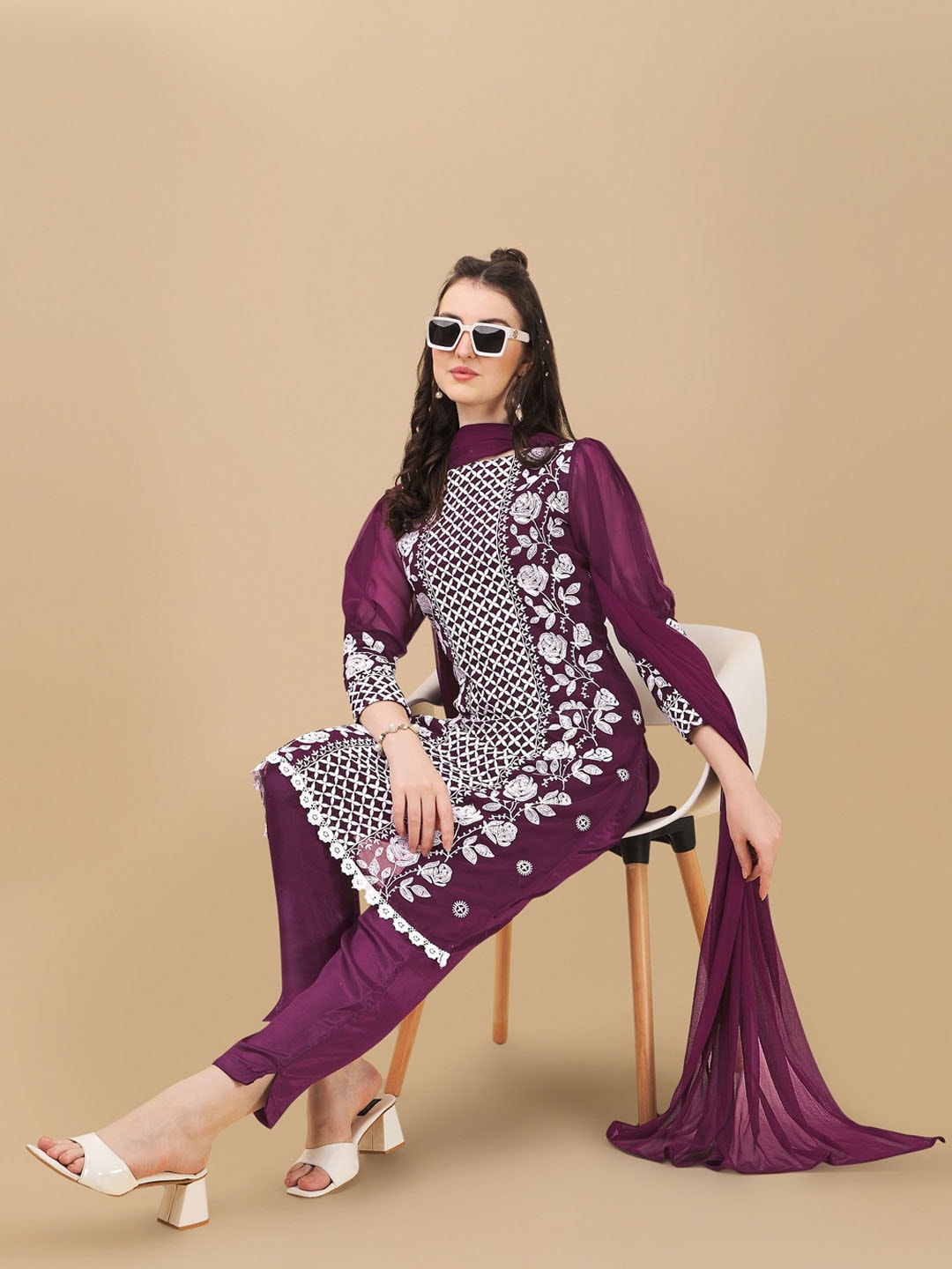 HERE&NOW Floral Lucknowi Chikankari Embroidered Kurta with Trousers & Dupatta | Swadesiicart