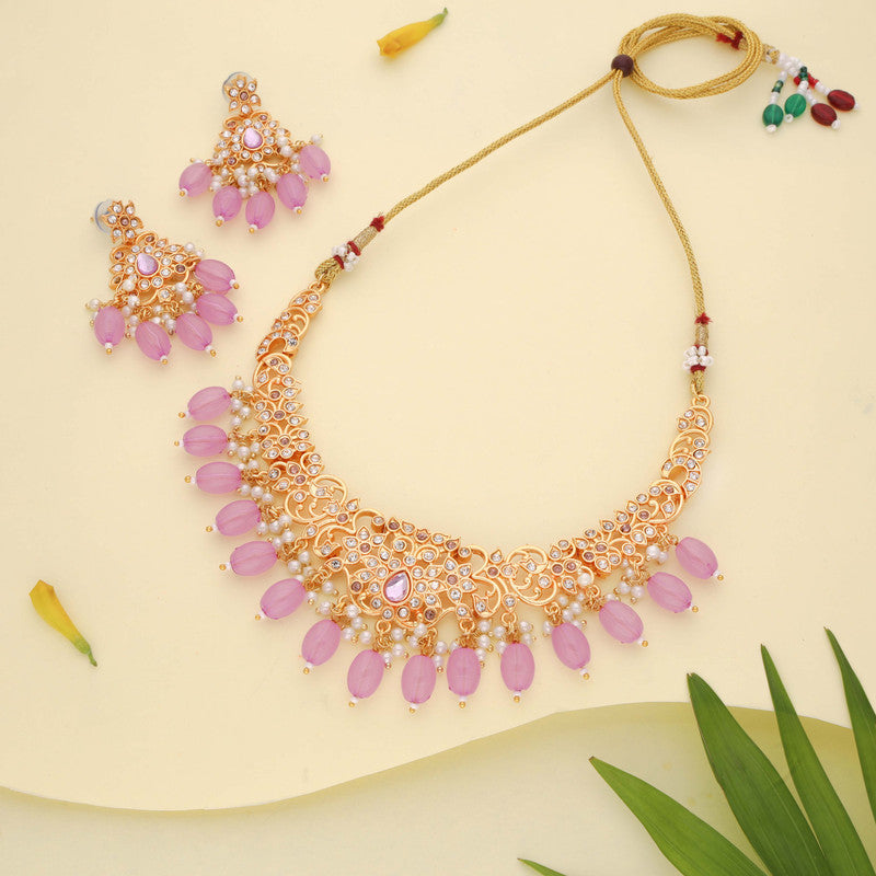 Tehzeeb Creations Gold-Polished Lavender Colour Necklace With Stud - Swadesiicart