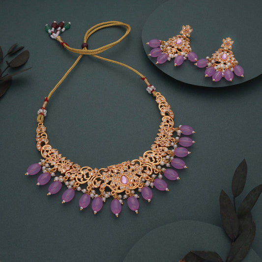 Tehzeeb Creations Gold-Polished Lavender Colour Necklace With Stud - Swadesiicart