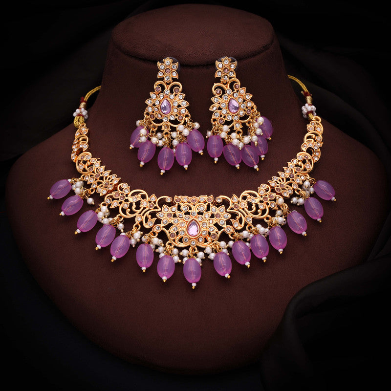 Tehzeeb Creations Gold-Polished Lavender Colour Necklace With Stud - Swadesiicart