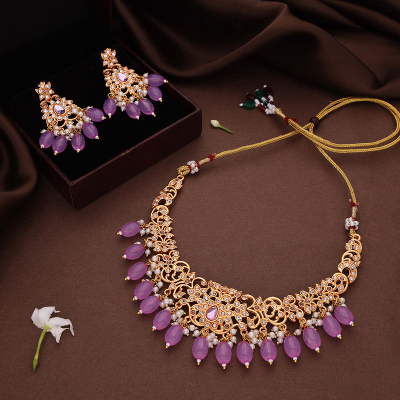 Tehzeeb Creations Gold-Polished Lavender Colour Necklace With Stud - Swadesiicart