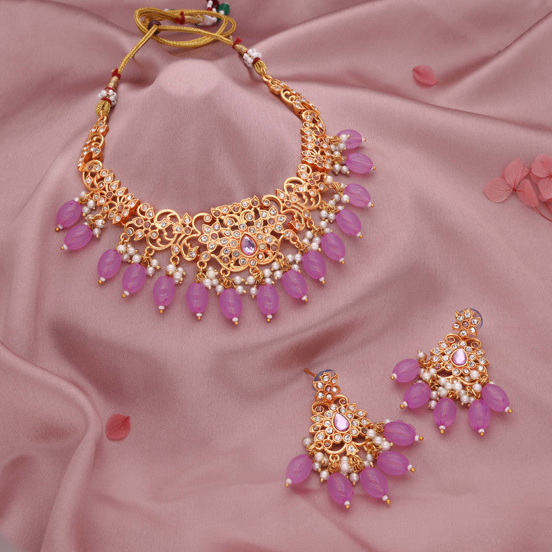 Tehzeeb Creations Gold-Polished Lavender Colour Necklace With Stud - Swadesiicart