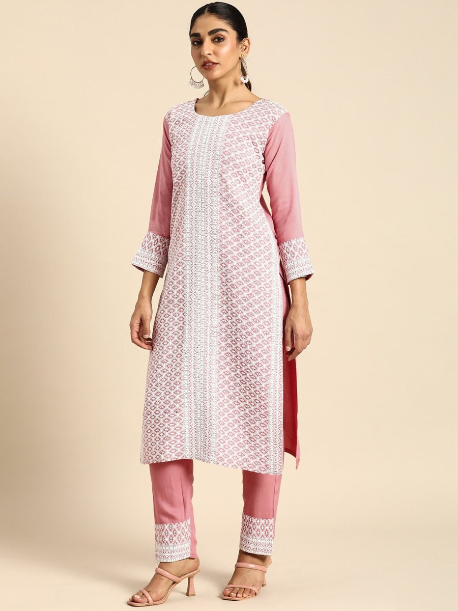 All About You Women Embroidered Chikankari Kurta With Trousers & With Dupatta | Swadesiicart