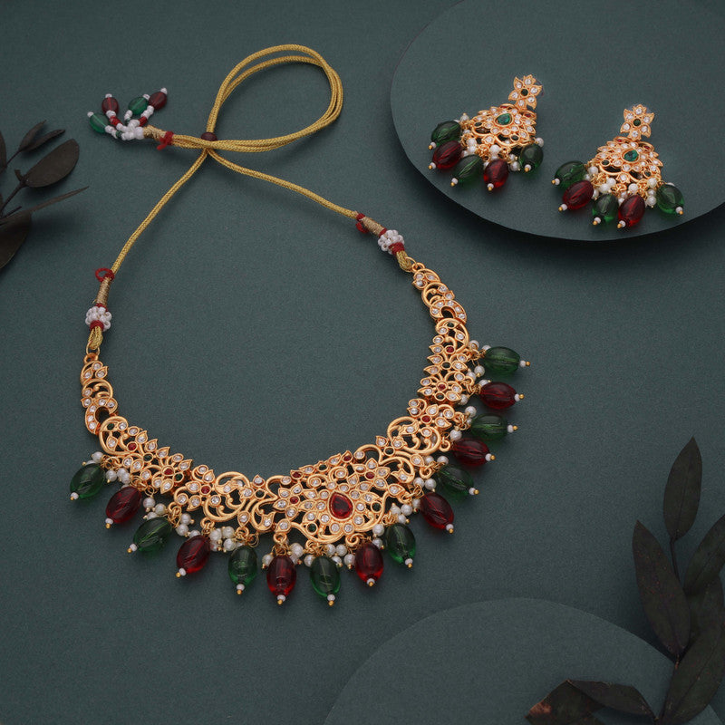 Tehzeeb Creations Gold-Polished Maroon Colour Necklace With Stud - Swadesiicart