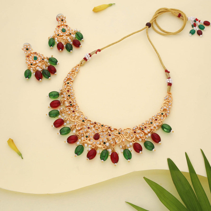 Tehzeeb Creations Gold-Polished Maroon Colour Necklace With Stud - Swadesiicart