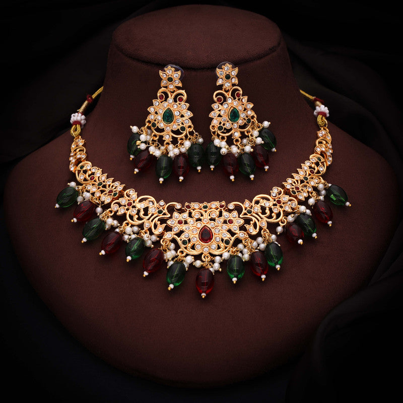 Tehzeeb Creations Gold-Polished Maroon Colour Necklace With Stud - Swadesiicart