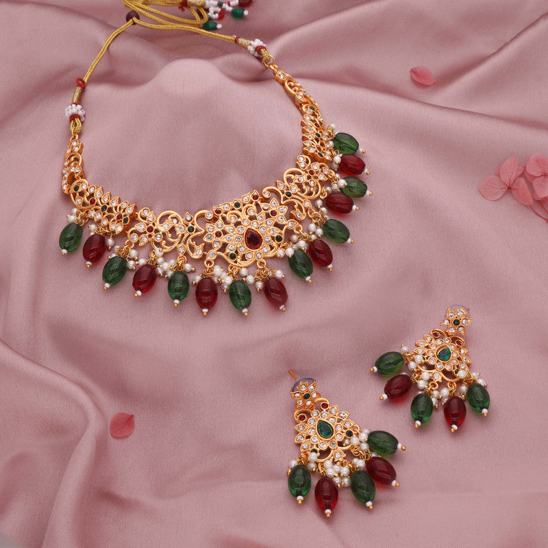 Tehzeeb Creations Gold-Polished Maroon Colour Necklace With Stud - Swadesiicart