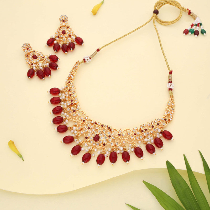 Tehzeeb Creations Gold-Polished Maroon & Green Colour Necklace With Stud - Swadesiicart