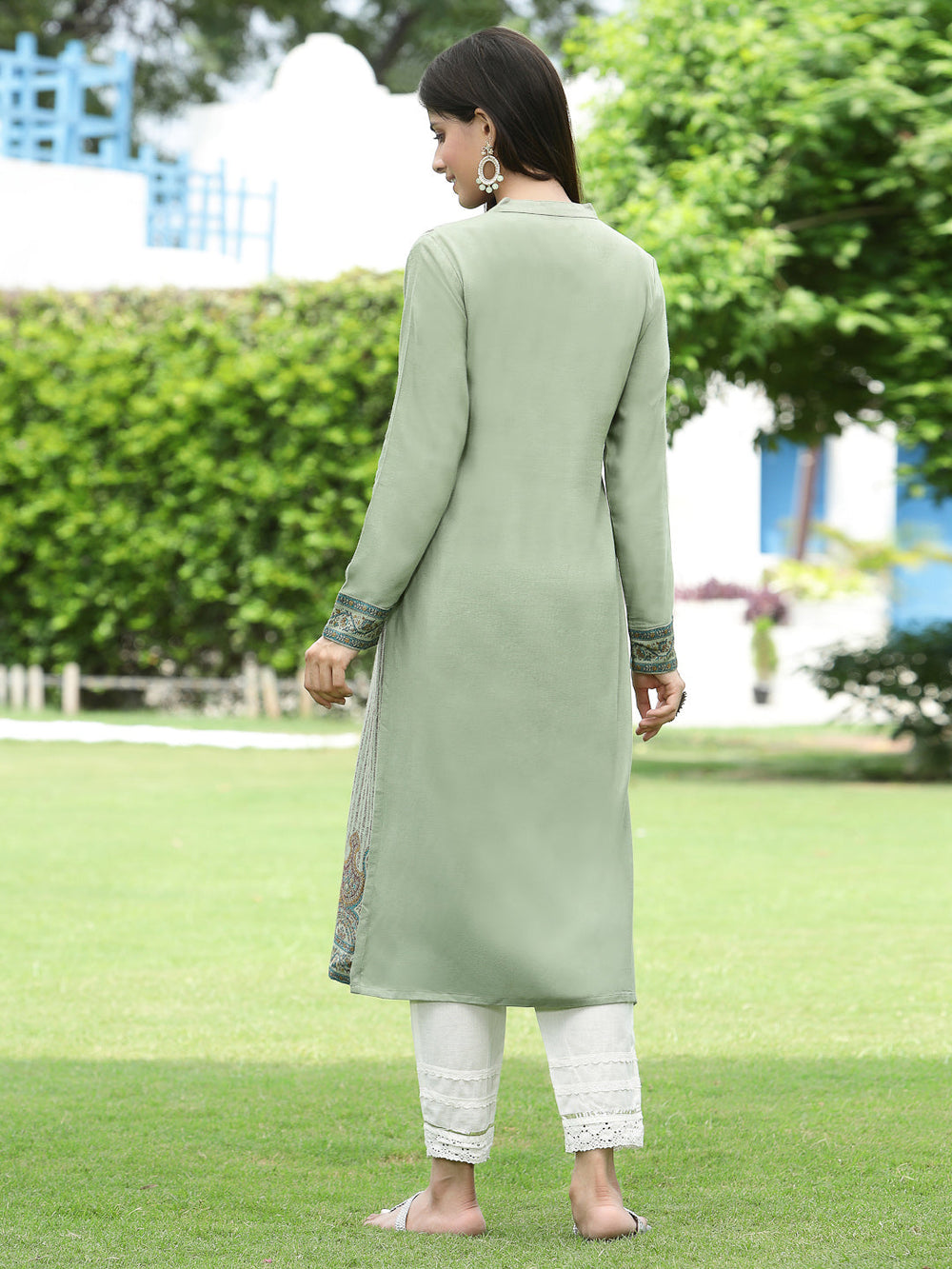 Juniper Women Women's Acrylyc Viscose Jaquard Knit Green Printed Straight Festive Kurta | Swadesiicart