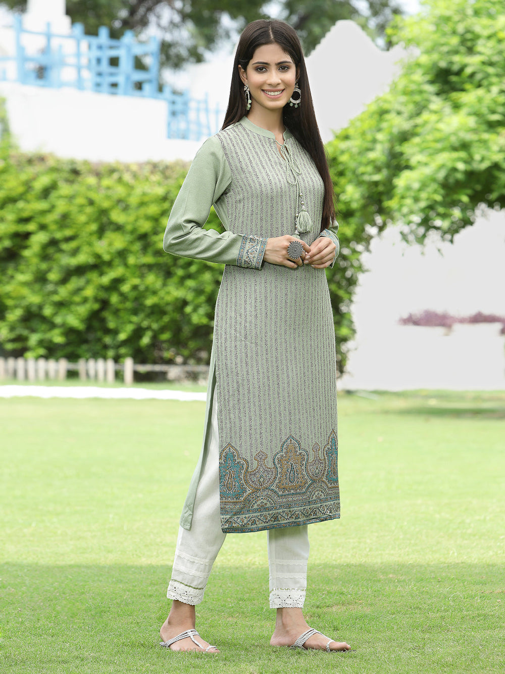 Juniper Women Women's Acrylyc Viscose Jaquard Knit Green Printed Straight Festive Kurta | Swadesiicart