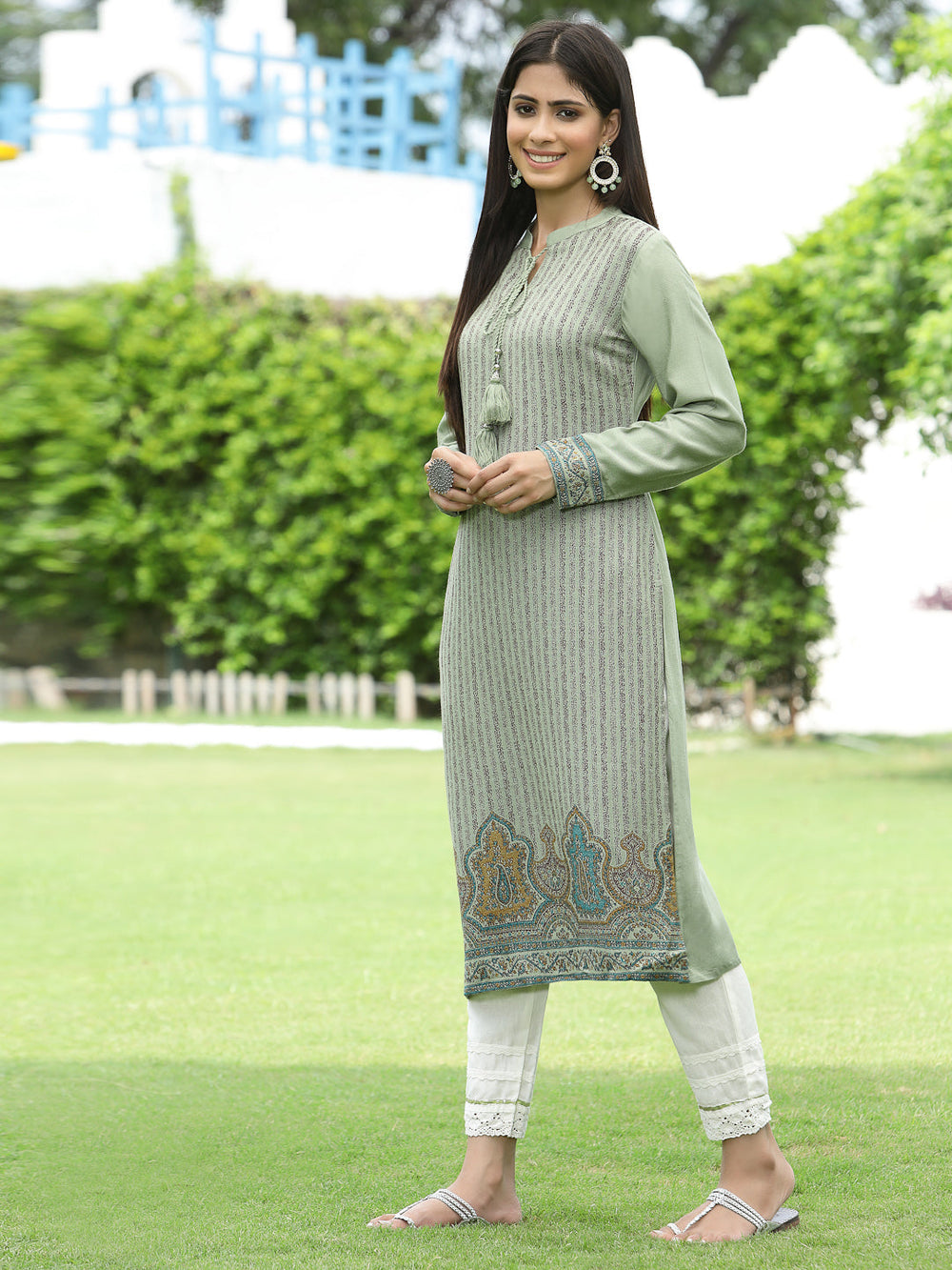 Juniper Women Women's Acrylyc Viscose Jaquard Knit Green Printed Straight Festive Kurta | Swadesiicart