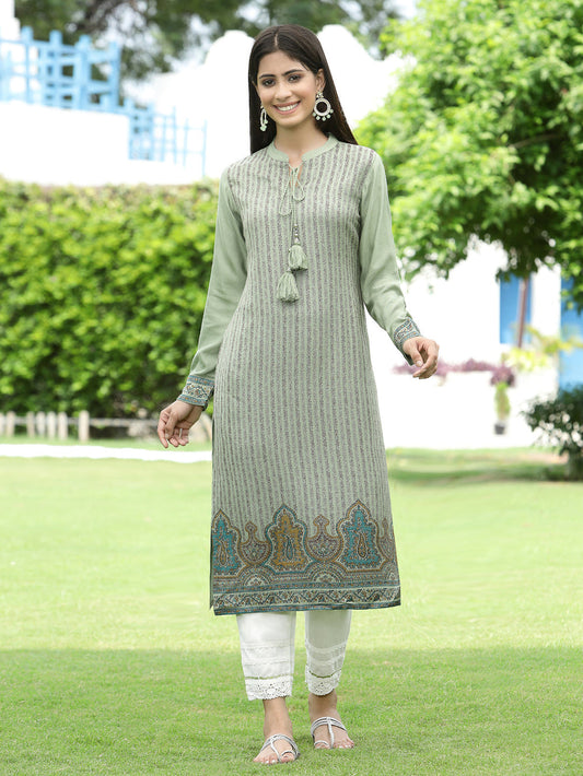 Juniper Women Women's Acrylyc Viscose Jaquard Knit Green Printed Straight Festive Kurta | Swadesiicart
