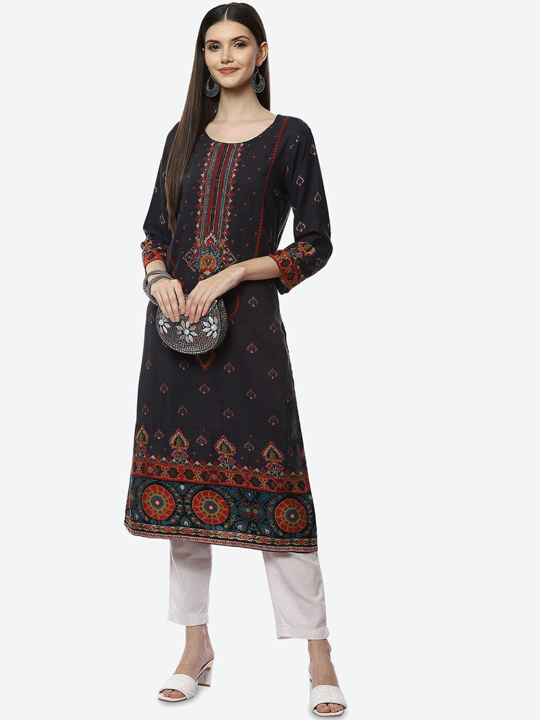 Biba Women Black Ethnic Motifs Printed Kurta - Swadesiicart