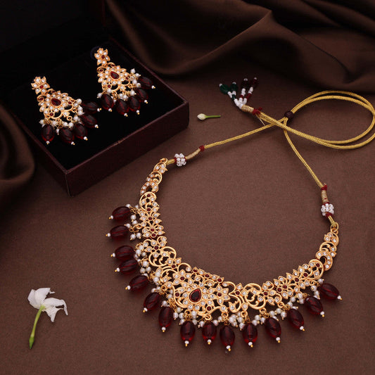 Tehzeeb Creations Gold-Polished Maroon & Green Colour Necklace With Stud - Swadesiicart