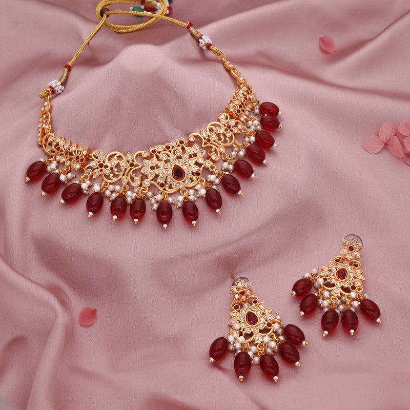 Tehzeeb Creations Gold-Polished Maroon & Green Colour Necklace With Stud - Swadesiicart
