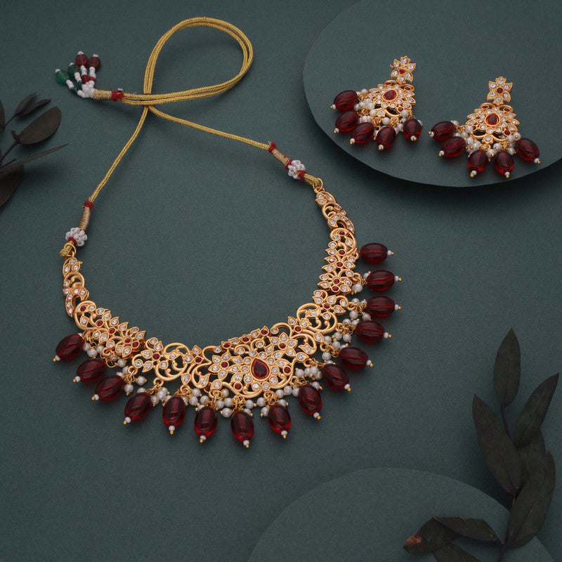 Tehzeeb Creations Gold-Polished Maroon & Green Colour Necklace With Stud - Swadesiicart