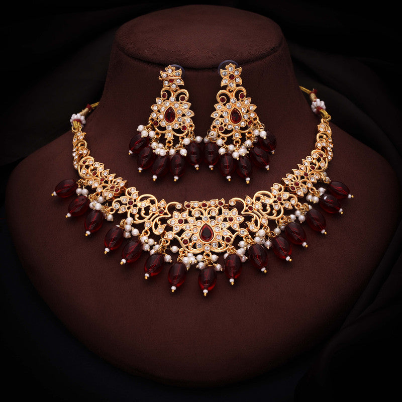 Tehzeeb Creations Gold-Polished Maroon & Green Colour Necklace With Stud - Swadesiicart