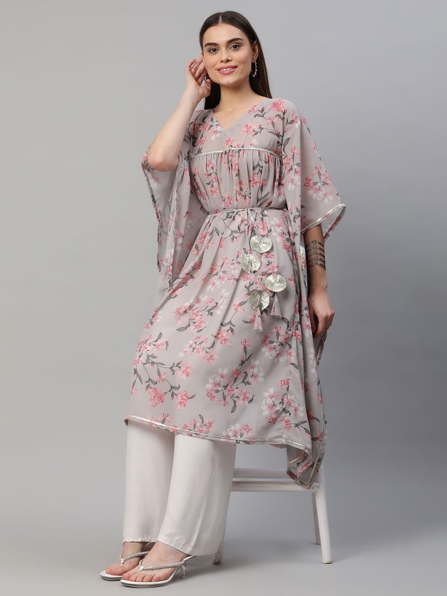 Ahalyaa Women Grey Georgette Floral Printed Kaftan Kurta | Swadesiicart