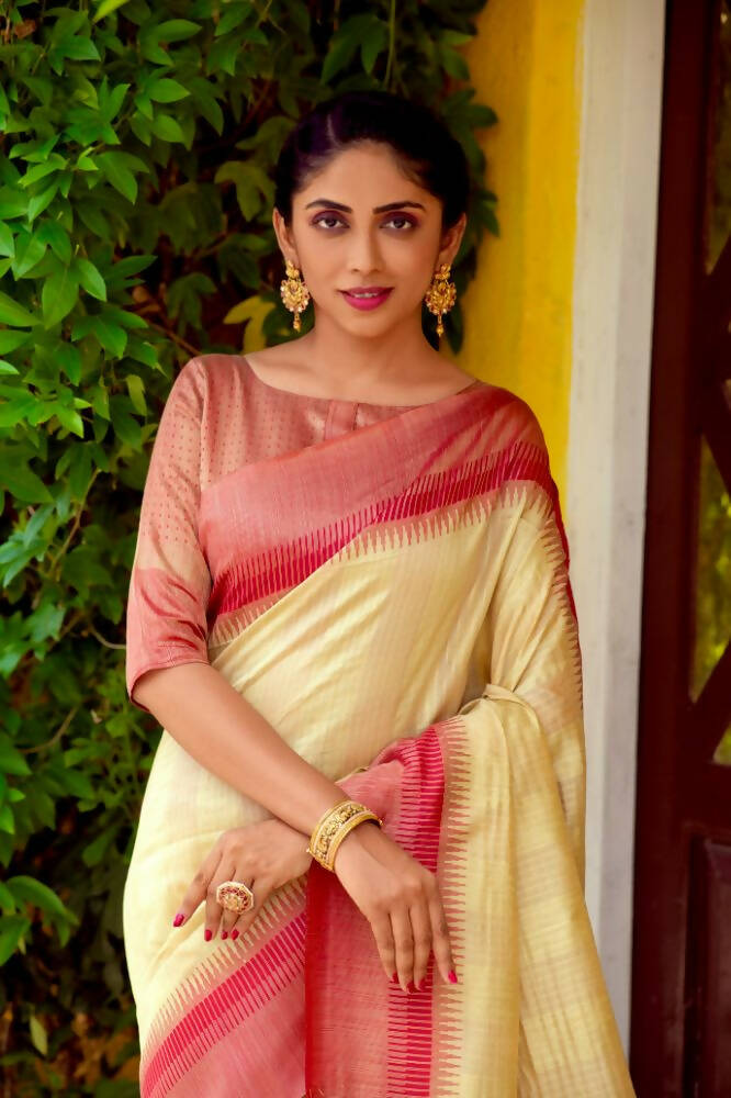 Vishnu Weaves Women's Beige South Silk Zari Woven Saree with Unstitched Blouse - Swadesiicart