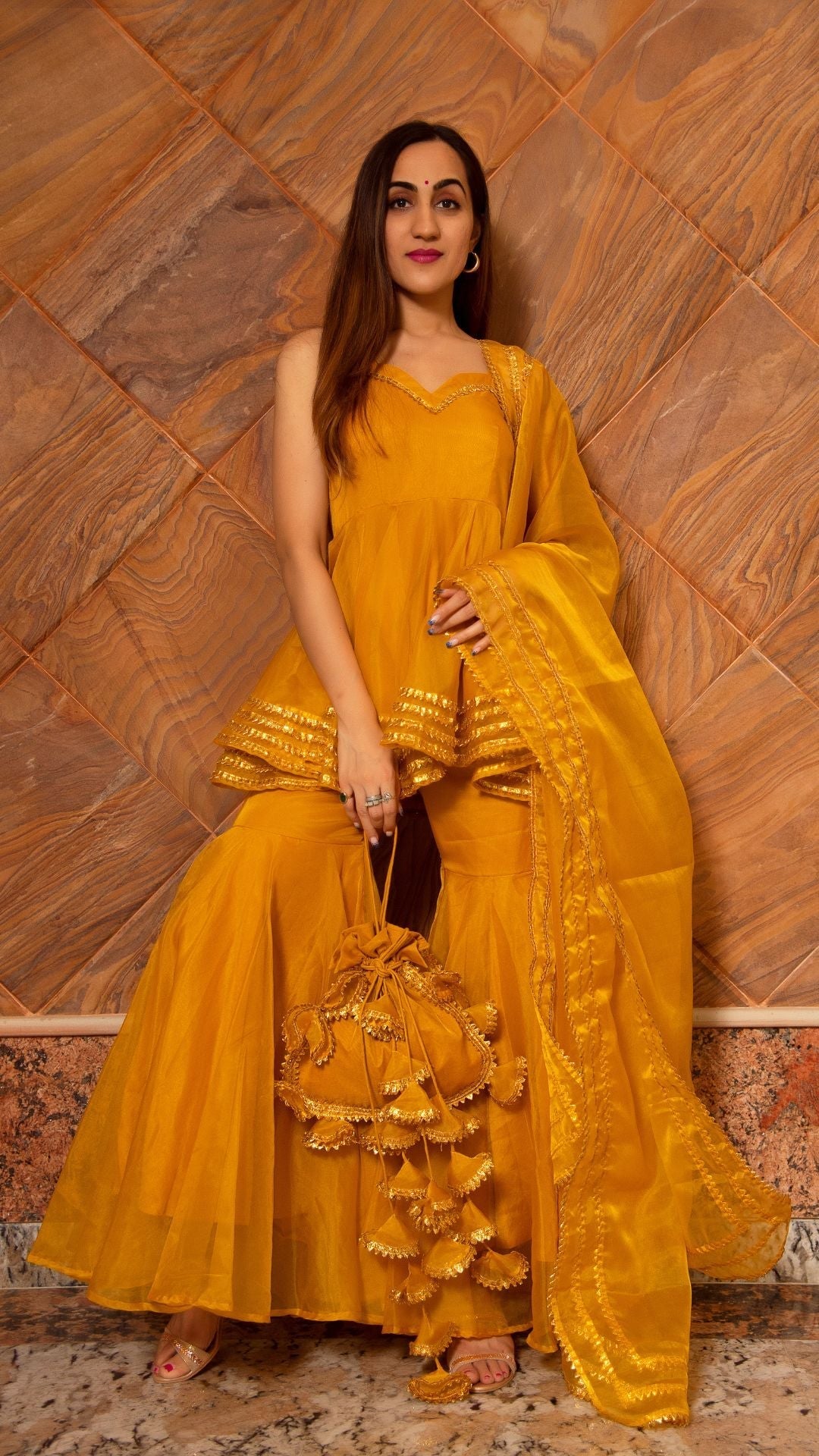 Pomcha Jaipur Murat Mustard Organza Sharara Set | Swadesiicart