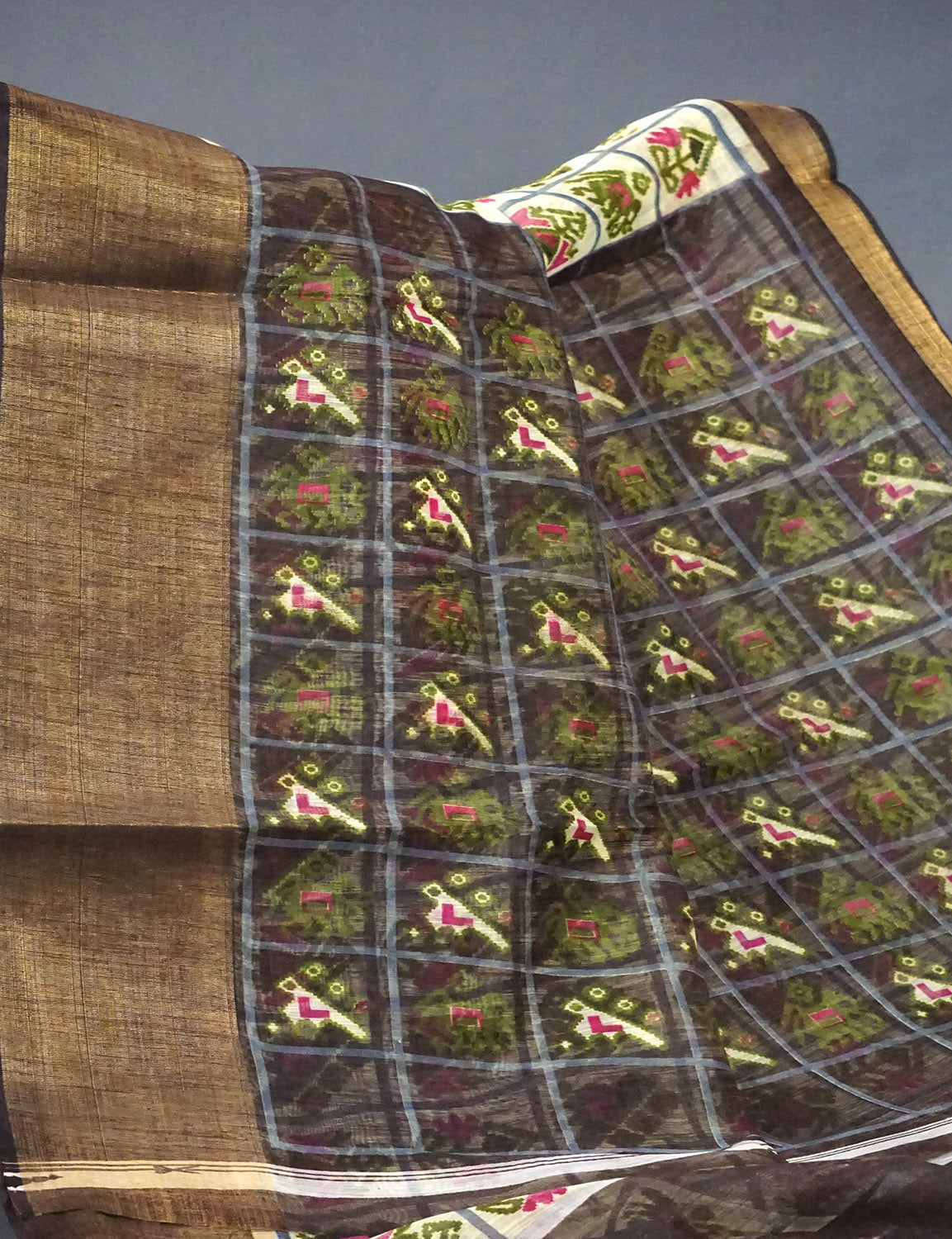 Shades of Light Apple Green And Dark Mehndi Green Colour Blouse Ikat Design Semi Chanderi Saree By Gayathri Reddy Designer Studio | Swadesiicart