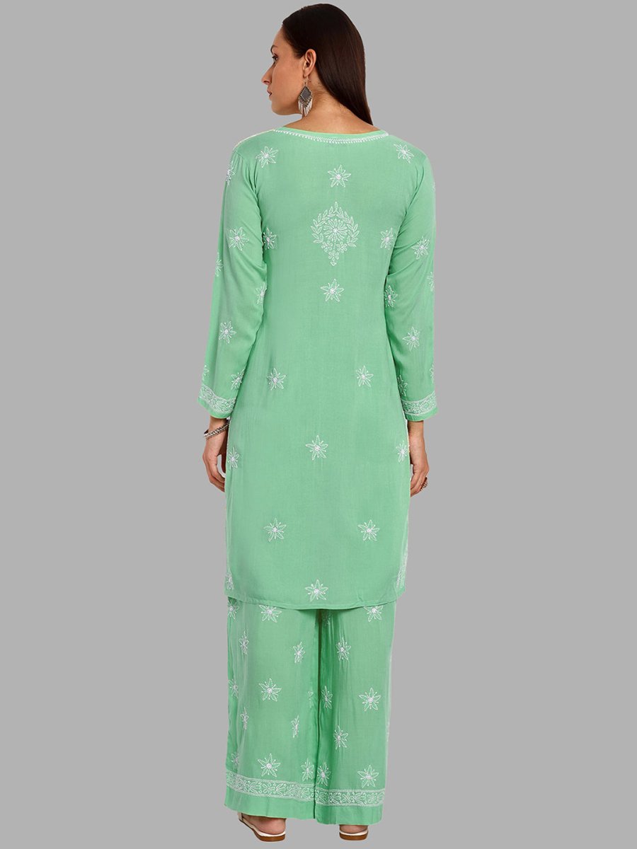 ADA Floral Embroidered Long Sleeves Regular Lucknowi Chikankari Kurta With Palazzos | Swadesiicart