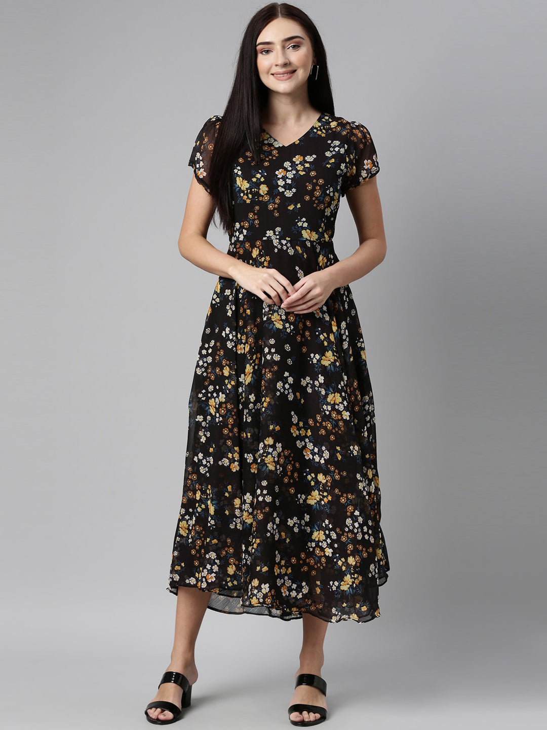 Souchii Women Black Floral Chiffon Maxi Dress - SOUCHII