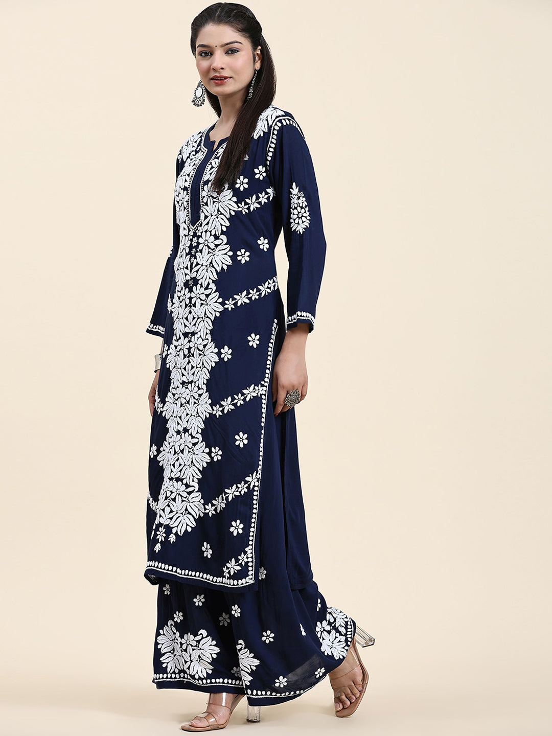 HOUSE OF KARI Ethnic Motifs Embroidered Chikankari Cotton Kurta & Palazzos | Swadesiicart