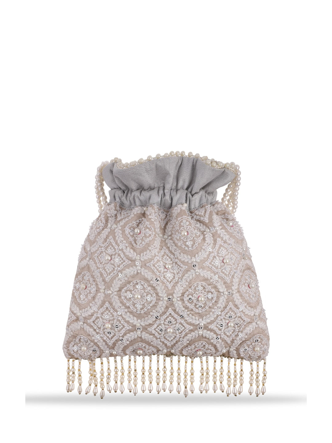 Masq Tan & White Embroidered Potli Clutch - Swadesiicart