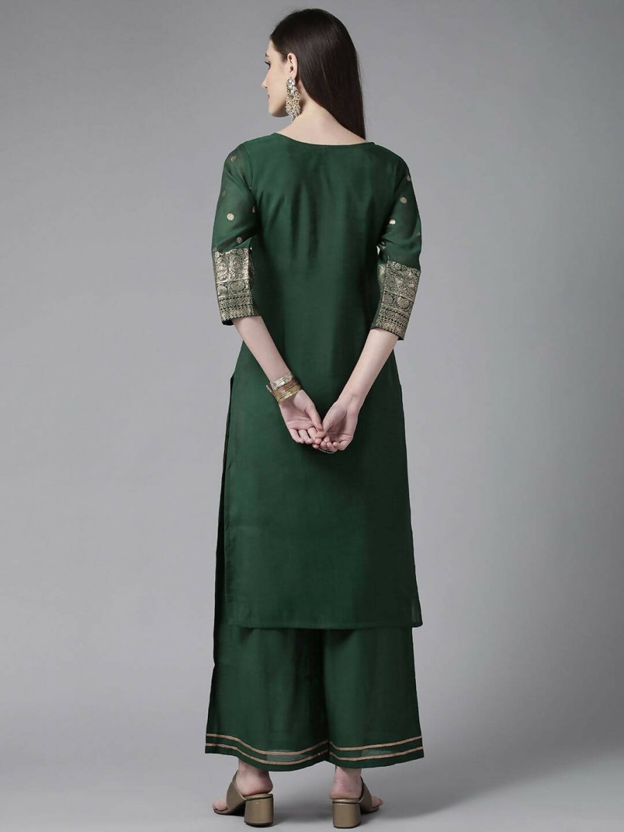 Ahalyaa Womens Dark Green Chanderi Gold Foil Printed Kurta Palazzo Set | Swadesiicart