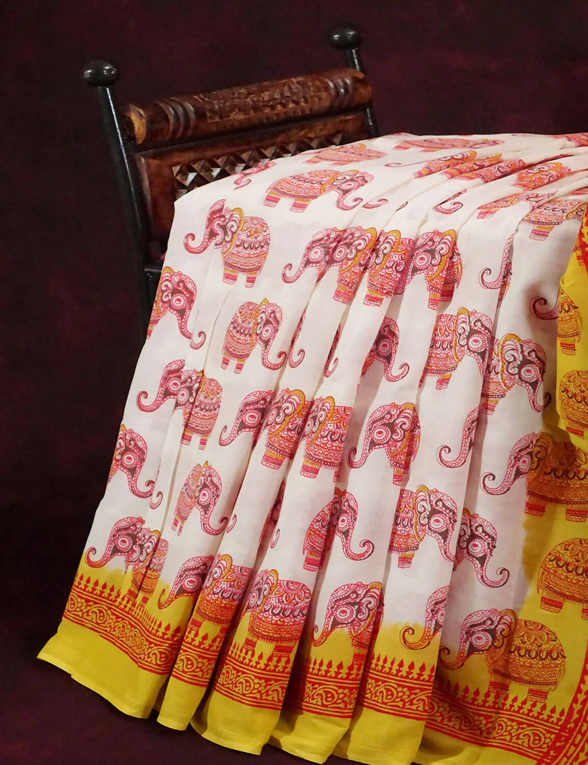 White Colored Elephant Block Print Pure Mulmul Cotton By Gayathri Reddy Designer Studio | Swadesiicart
