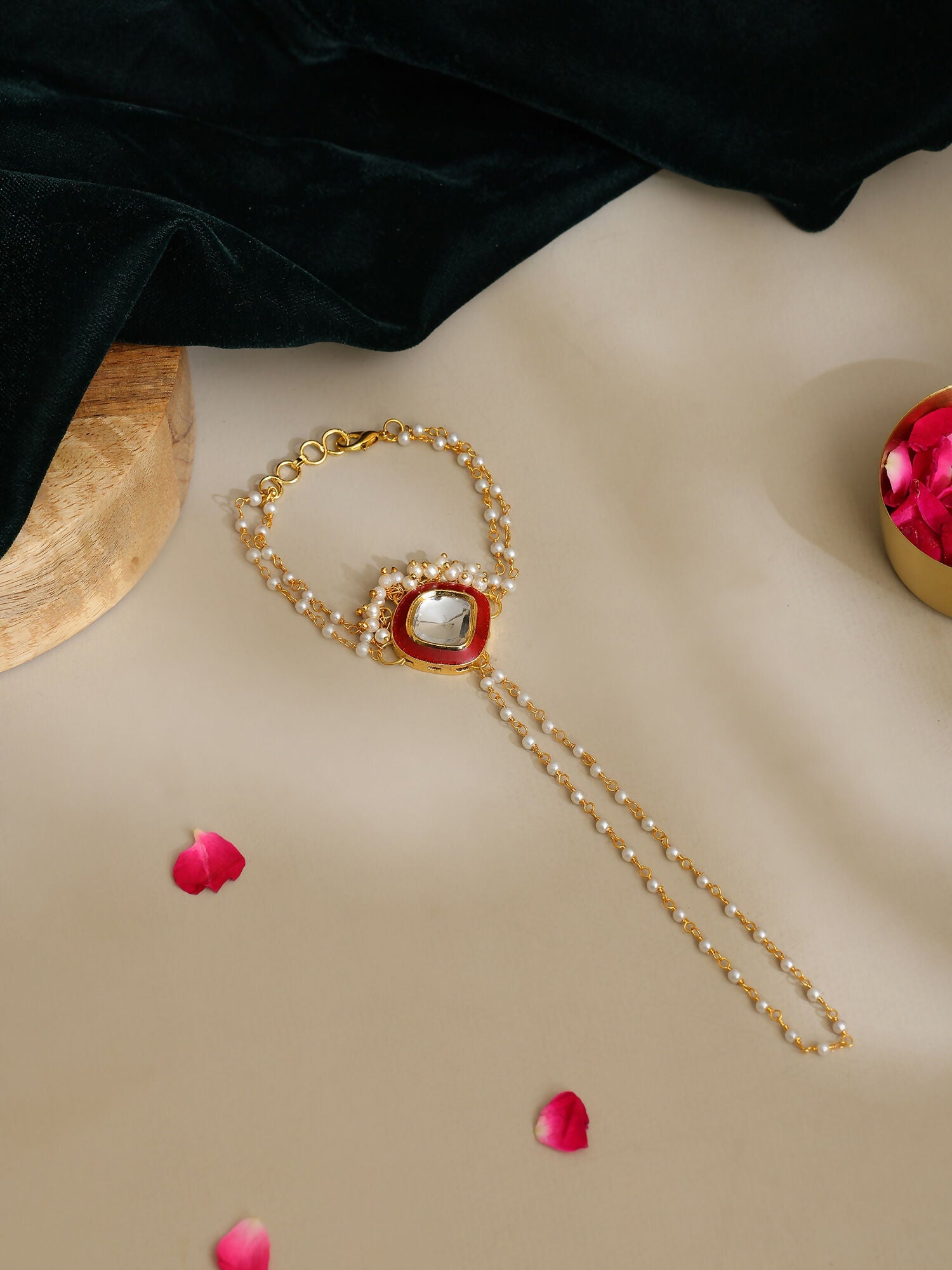 Ruby Raang Gold Red Meenakari Kundan Haath Phool | Swadesiicart