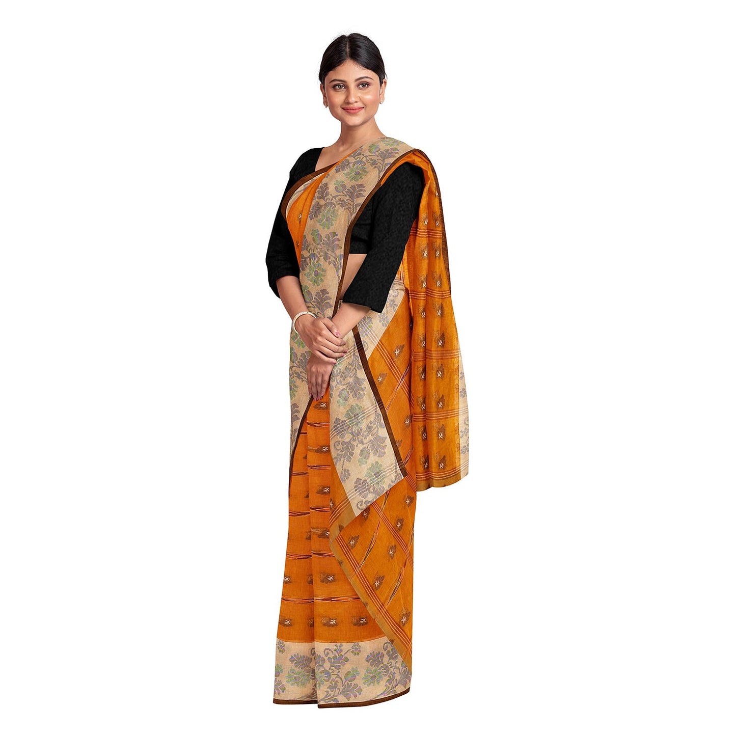 Exclusive Collection 100% Pure Cotton Orange Tant Saree With Hand Weaving Work - Swadesiicart