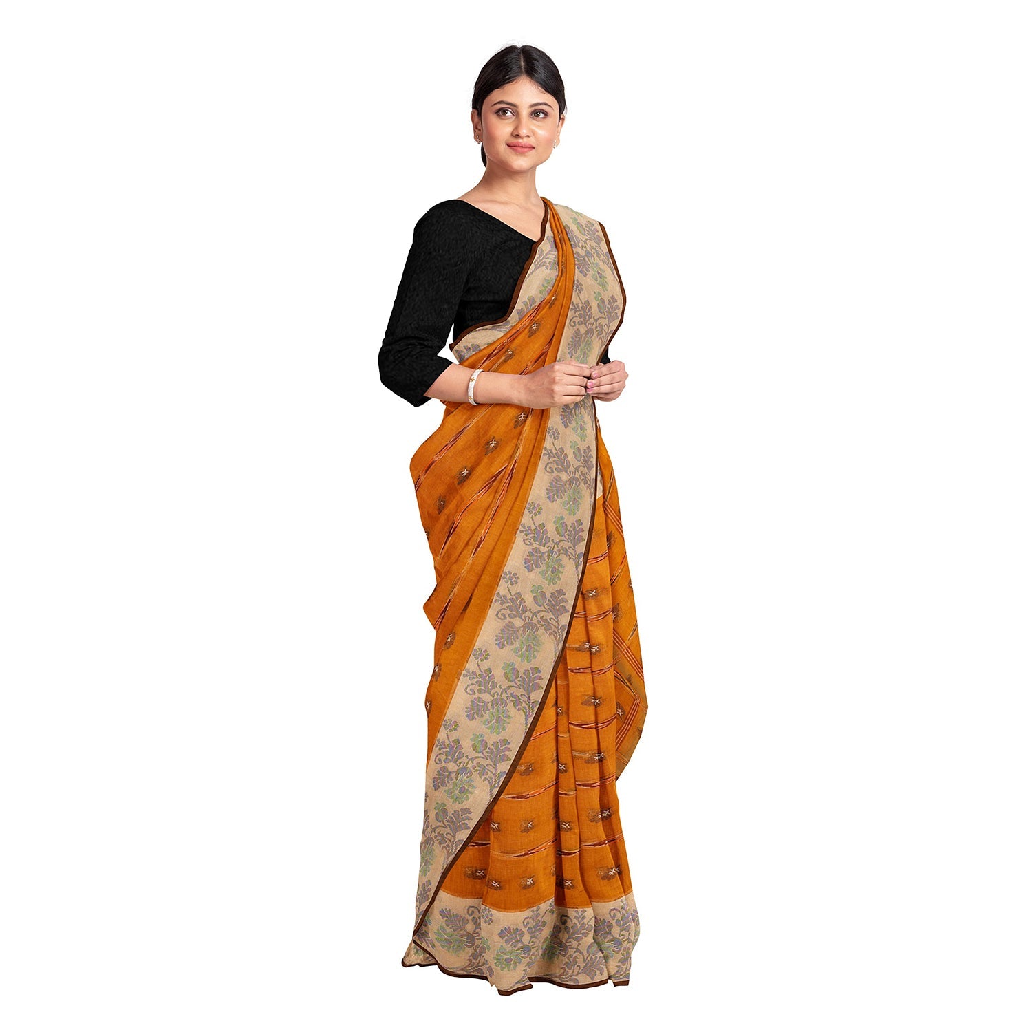 Exclusive Collection 100% Pure Cotton Orange Tant Saree With Hand Weaving Work - Swadesiicart